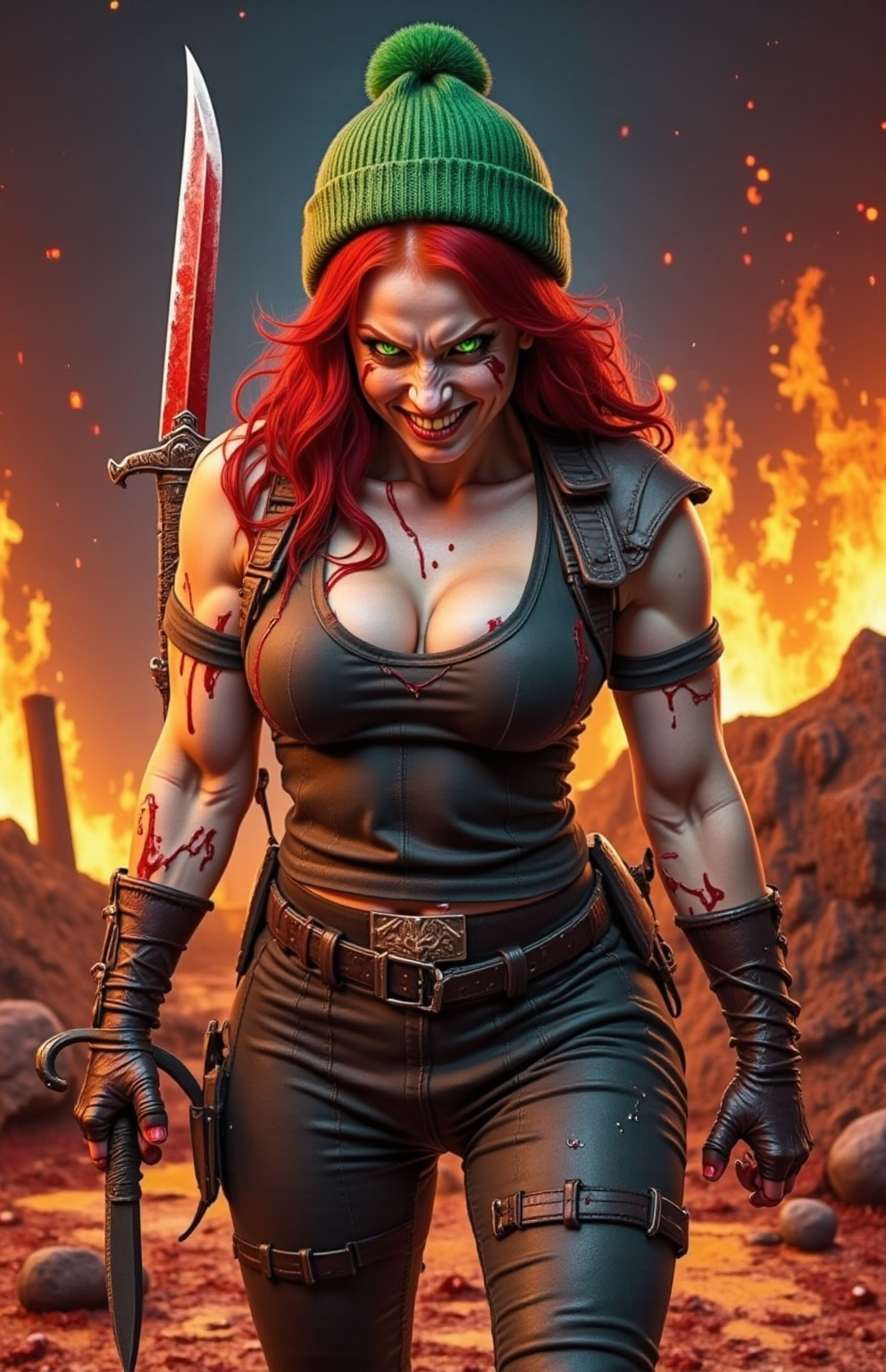 Prompt: @wbV7YKlXTFt2cBPb46HT A female character with a sinister expression, an evil grin spreading across her face, as she cuts her own face with a sharp knife. Blood streams down her cheeks in thick, glistening streaks, contrasting with her pale skin. She is positioned in a close-up shot, her eyes narrowed with malevolent intent, and her dark hair framing her face. The scene is set in a dimly lit, gritty environment with faint shadows cast by flickering, ominous lighting. Blood and skin fragments are visible as she presses the knife into her cheek, capturing a tense, disturbing moment of self-mutilation. The atmosphere is tense and unsettling, with a focus on her intense, malicious expression and the visceral detail of blood and injury.