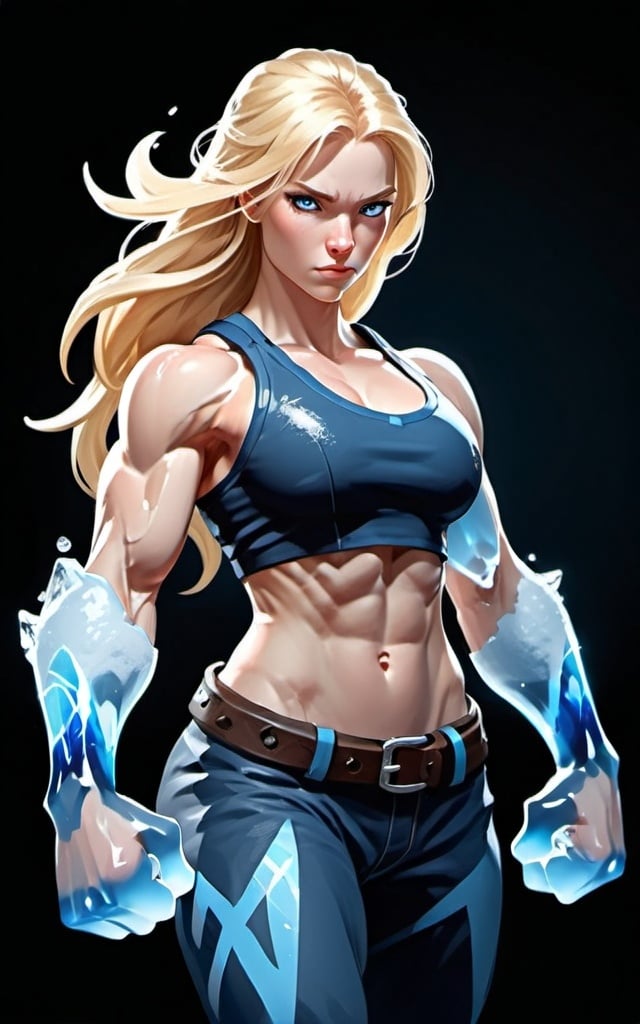 Prompt: Female figure. Greater bicep definition. Sharper, clearer blue eyes. Long Blonde hair flapping. Frostier, glacier effects. Fierce combat stance. Ice Fists.