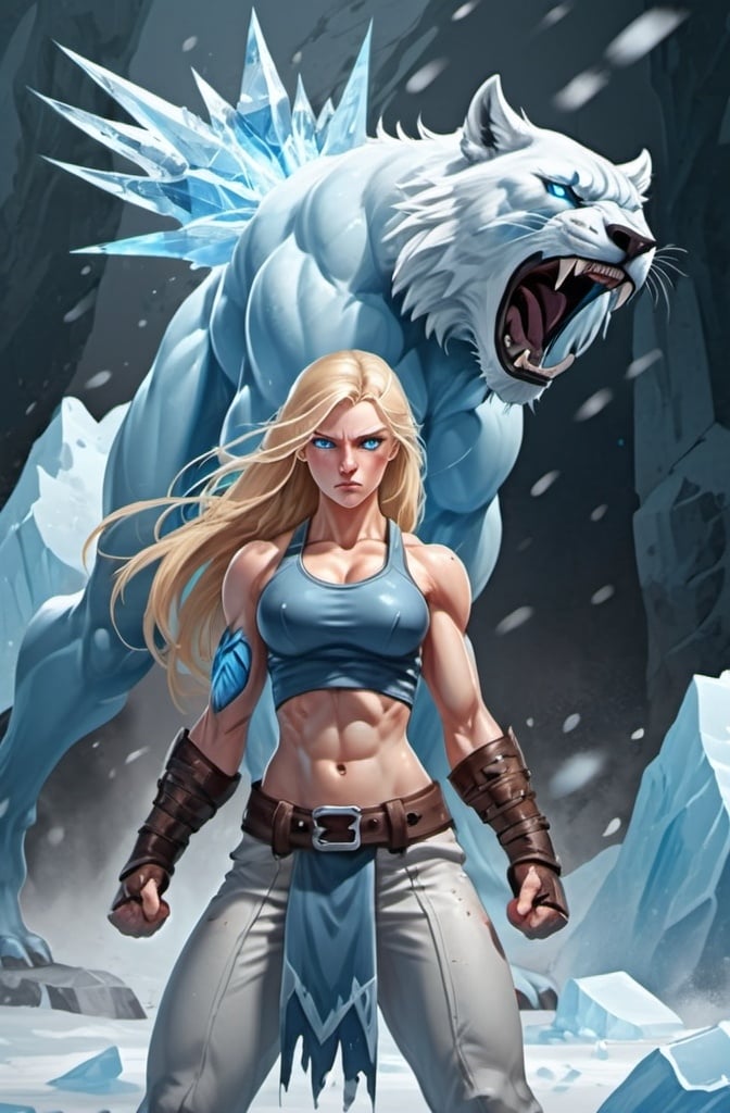 Prompt:  Female figure. Greater bicep definition. Sharper, clearer blue eyes. Nosebleed. Long Blonde hair flapping. Frostier, glacier effects. Fierce combat stance. Raging Fists. Icy Knuckles. 