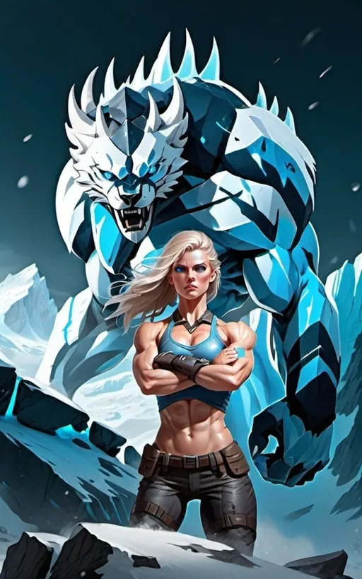 Prompt: Female figure. Greater bicep definition. Sharper, clearer blue eyes.  Frostier, glacier effects. Fierce combat stance. 