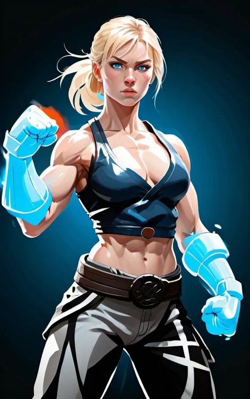 Prompt: Female figure. Greater bicep definition. Sharper, clearer blue eyes. Blonde hair flapping. Frostier, glacier effects. Fierce combat stance. Martial artist. 