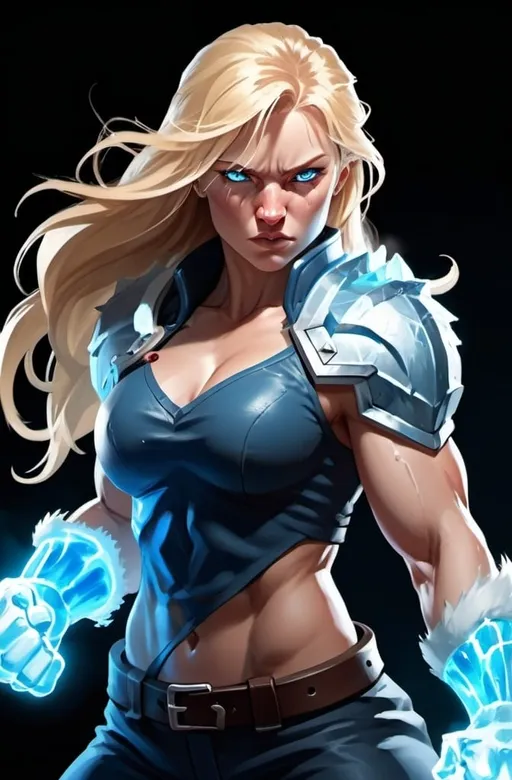 Prompt: Female figure. Greater bicep definition. Sharper, clearer blue eyes. Nosebleed. Long Blonde hair flapping. Frostier, glacier effects. Fierce combat stance. Raging Fists. Icy Knuckles. 