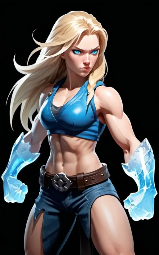 Prompt: Female figure. Greater bicep definition. Sharper, clearer blue eyes. Long Blonde hair flapping. Frostier, glacier effects. Fierce combat stance. Icy Knuckles. Raging Fists.