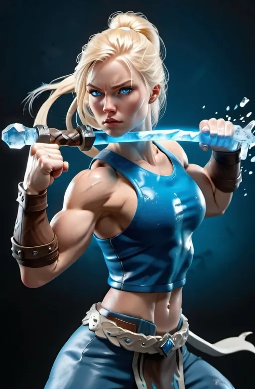 Prompt: Female figure. Greater bicep definition. Sharper, clearer blue eyes. Long Blonde hair flapping. Frostier, glacier effects. Fierce combat stance. Ice Fists.