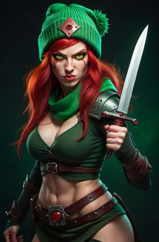 Prompt: Evil red-haired warrior woman With Carmine Red eyes, wearing a green beanie and a mischievous smirk. Carries daggers.