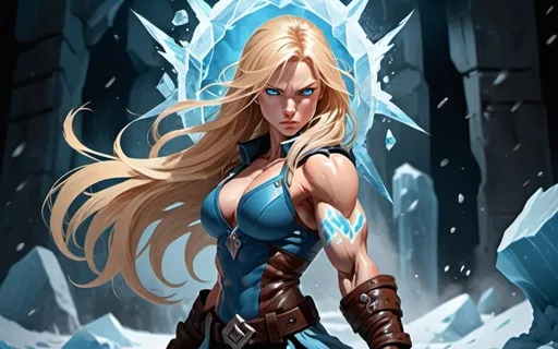 Prompt: Female figure. Greater bicep definition. Sharper, clearer blue eyes. Nosebleed. Long Blonde hair flapping. Frostier, glacier effects. Fierce combat stance. Raging Fists. Icy Knuckles. 