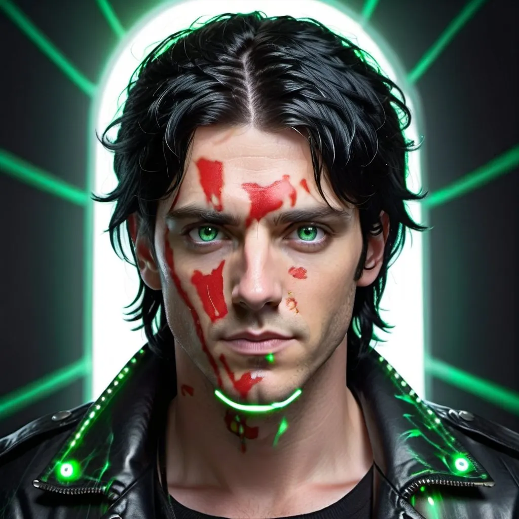 Prompt:  White male wearing Black leather Jacket. Genius inventor and Telepath. Bright Green eyes. Black hair, with strands that extend a little over his face. 