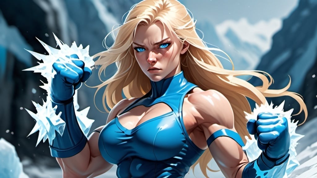 Prompt: Female figure. Greater bicep definition. Sharper, clearer blue eyes. Nosebleed. Long Blonde hair flapping. Blue outfit. Frostier, glacier effects. Fierce combat stance. Raging Fists. Icy Knuckles. 