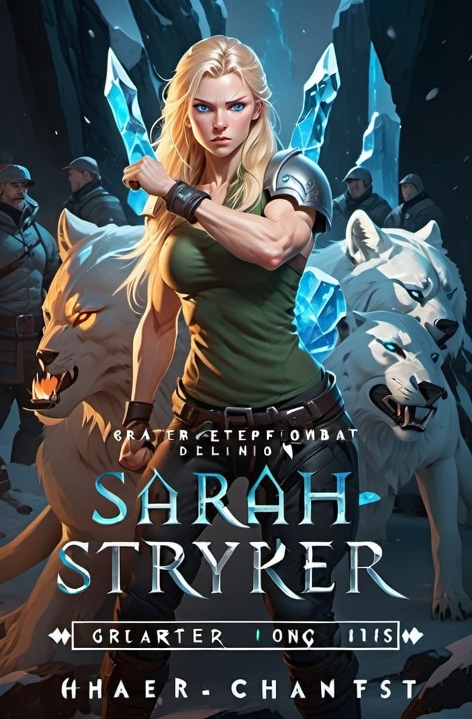 Prompt: Female figure. Greater bicep definition. Sharper, clearer blue eyes. Long Blonde hair flapping. Frostier, glacier effects. Fierce combat stance. Ice Fists.