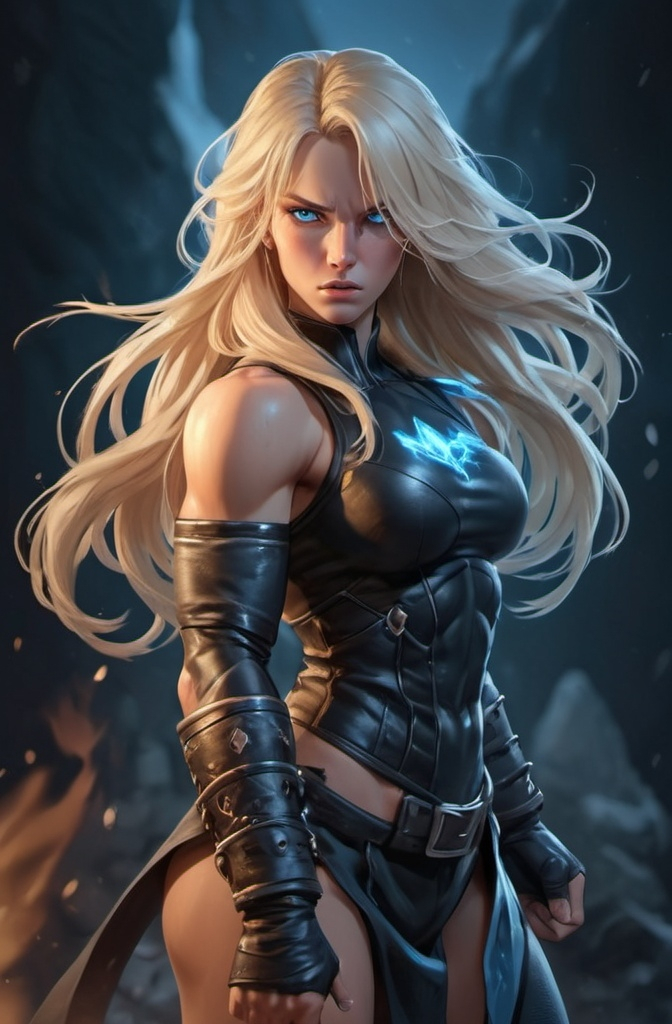 Prompt:   Female figure. Greater bicep definition. Sharper, clearer blue eyes. Nosebleed. Long Blonde hair flapping. Frostier, glacier effects. Fierce combat stance Raging Fists. Icy Knuckles.