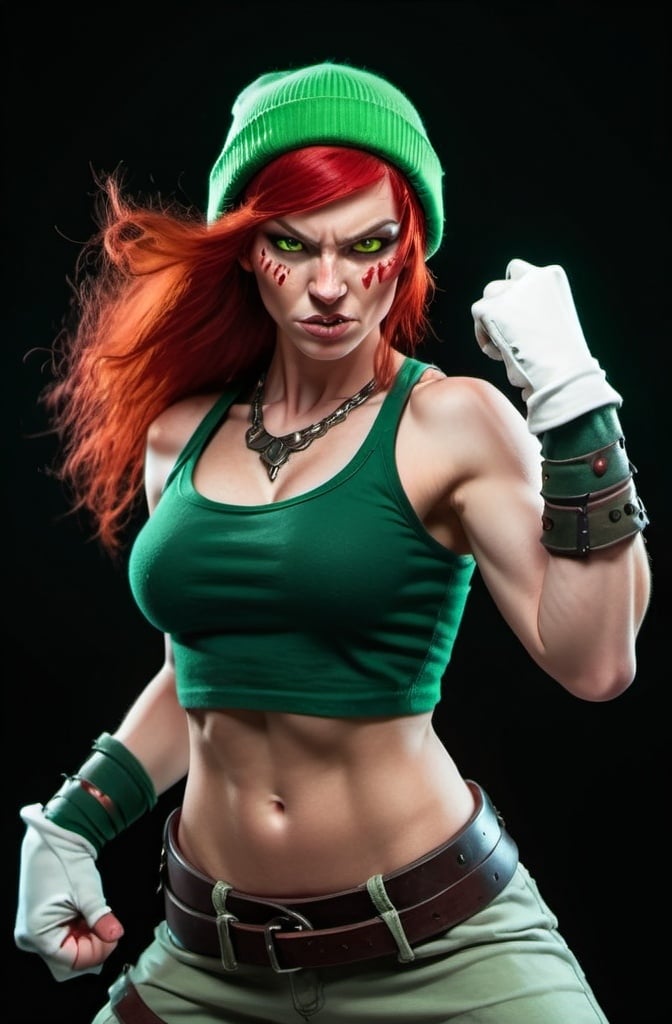 Prompt: Evil red-haired warrior woman, wearing a green beanie and a mischievous smirk. Carmine, red eyes. Fierce combat stance. 