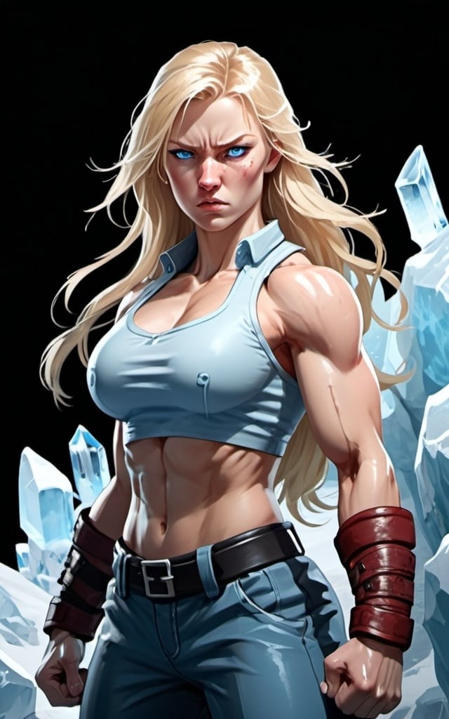 Prompt: Female figure. Greater bicep definition. Sharper, clearer blue eyes. Nosebleed. Long Blonde hair flapping. Frostier, glacier effects. Fierce combat stance. Raging Fists. Icy Knuckles. Wearing Pants. 