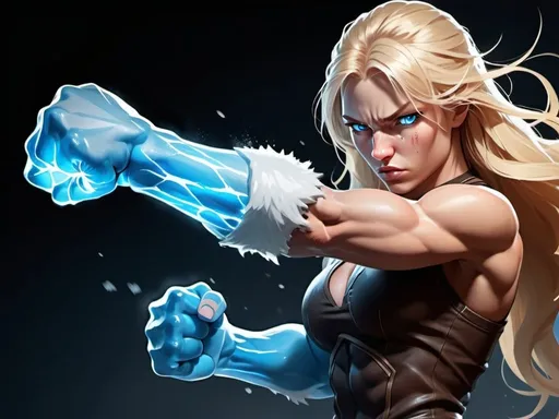 Prompt: Female figure. Greater bicep definition. Sharper, clearer blue eyes. Nosebleed. Long Blonde hair flapping. Frostier, glacier effects. Fierce combat stance. Raging Fists. Icy Knuckles. 