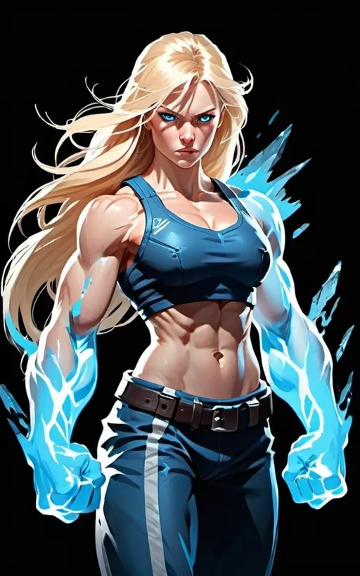 Prompt: Female figure. Greater bicep definition. Sharper, clearer blue eyes. Long Blonde hair flapping. Frostier, glacier effects. Fierce combat stance. Raging Fists.