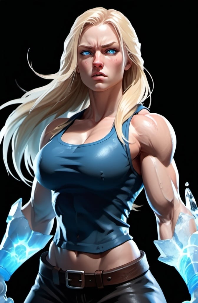 Prompt: Female figure. Greater bicep definition. Sharper, clearer blue eyes. Nosebleed. Long Blonde hair flapping. Frostier, glacier effects. Fierce combat stance. Raging Fists. Icy Knuckles.