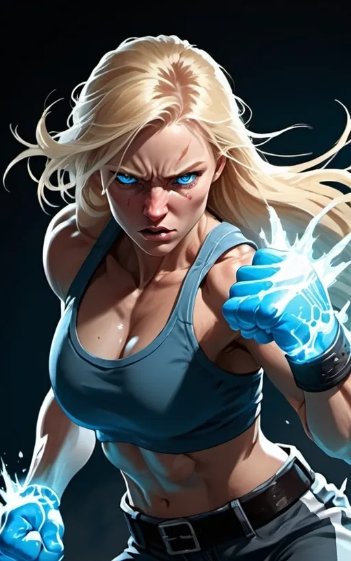 Prompt: Female figure. Greater bicep definition. Sharper, clearer blue eyes. Nosebleed. Long Blonde hair flapping. Frostier, glacier effects. Fierce combat stance. Raging Fists. Icy Knuckles. Wearing Pants. 