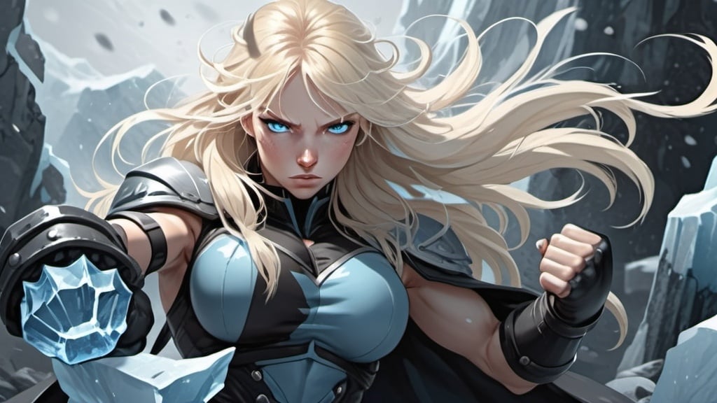 Prompt: Female figure. Greater bicep definition. Sharper, clearer blue eyes. Nosebleed. Long Blonde hair flapping. Frostier, glacier effects. Fierce combat stance. Raging Fists. Icy Knuckles. 