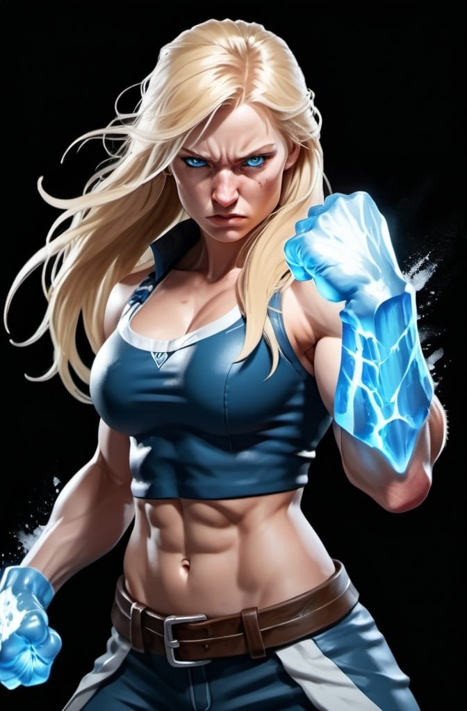 Prompt: Female figure. Greater bicep definition. Sharper, clearer blue eyes. Nosebleed. Long Blonde hair flapping. Frostier, glacier effects. Fierce combat stance. Raging Fists. Icy Knuckles. 