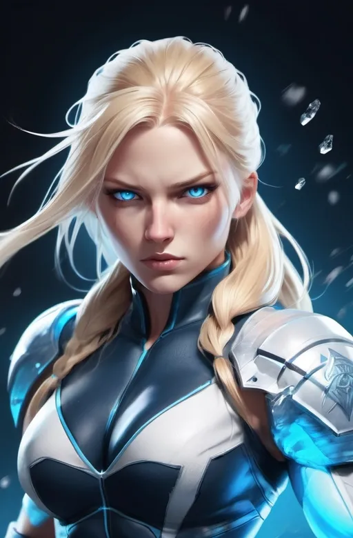 Prompt:  Female figure. Greater bicep definition. Sharper, clearer blue eyes. Nosebleed. Long Blonde hair flapping. Frostier, glacier effects. Fierce combat stance Raging Fists. Icy Knuckles.