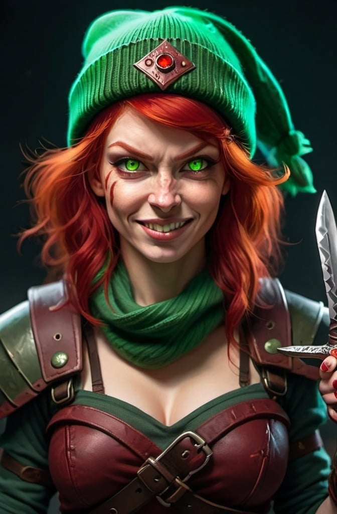 Prompt: Evil red-haired warrior woman, wearing a green beanie and a mischievous smirk. Carries daggers. Red Eyes.  