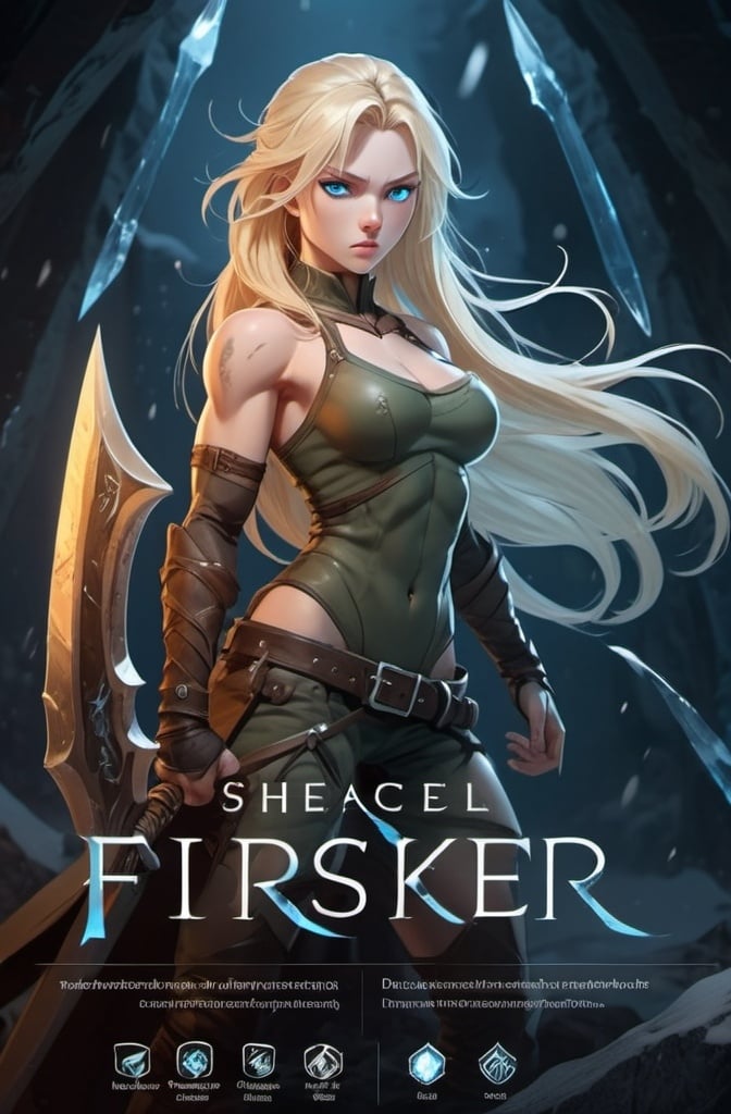 Prompt: Female figure. Greater bicep definition. Sharper, clearer blue eyes. Nosebleed. Long Blonde hair flapping. Frostier, glacier effects. Fierce combat stance. Ice Daggers. 