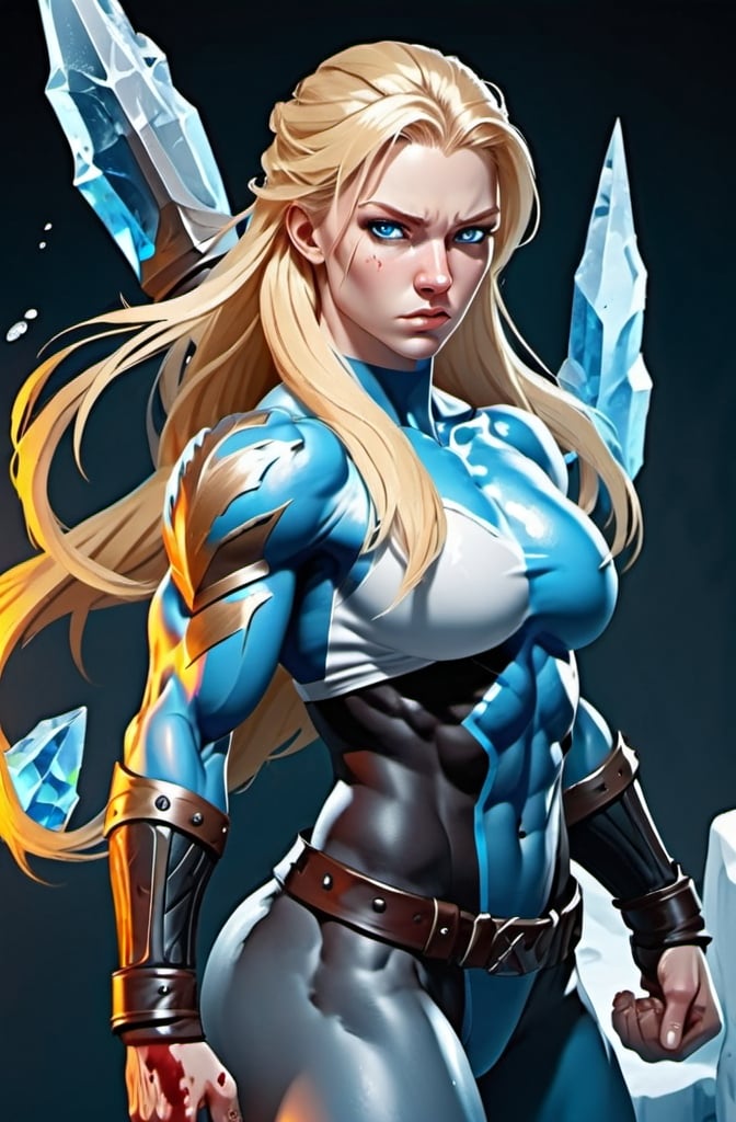 Prompt: Female figure. Greater bicep definition. Sharper, clearer blue eyes. Nosebleed. Long Blonde hair flapping. Frostier, glacier effects. Fierce combat stance. Icy Knuckles.