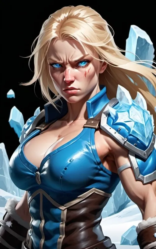 Prompt: Female figure. Greater bicep definition. Sharper, clearer blue eyes. Bleeding. Long Blonde hair flapping. Frostier, glacier effects. Fierce combat stance. Raging Fists. Icy Knuckles.