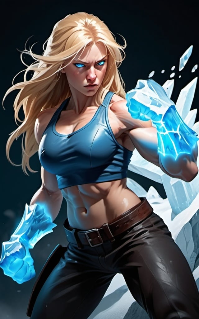 Prompt: Female figure. Greater bicep definition. Sharper, clearer blue eyes. Nosebleed. Long Blonde hair flapping. Frostier, glacier effects. Fierce combat stance. Raging Fists. Icy Knuckles.