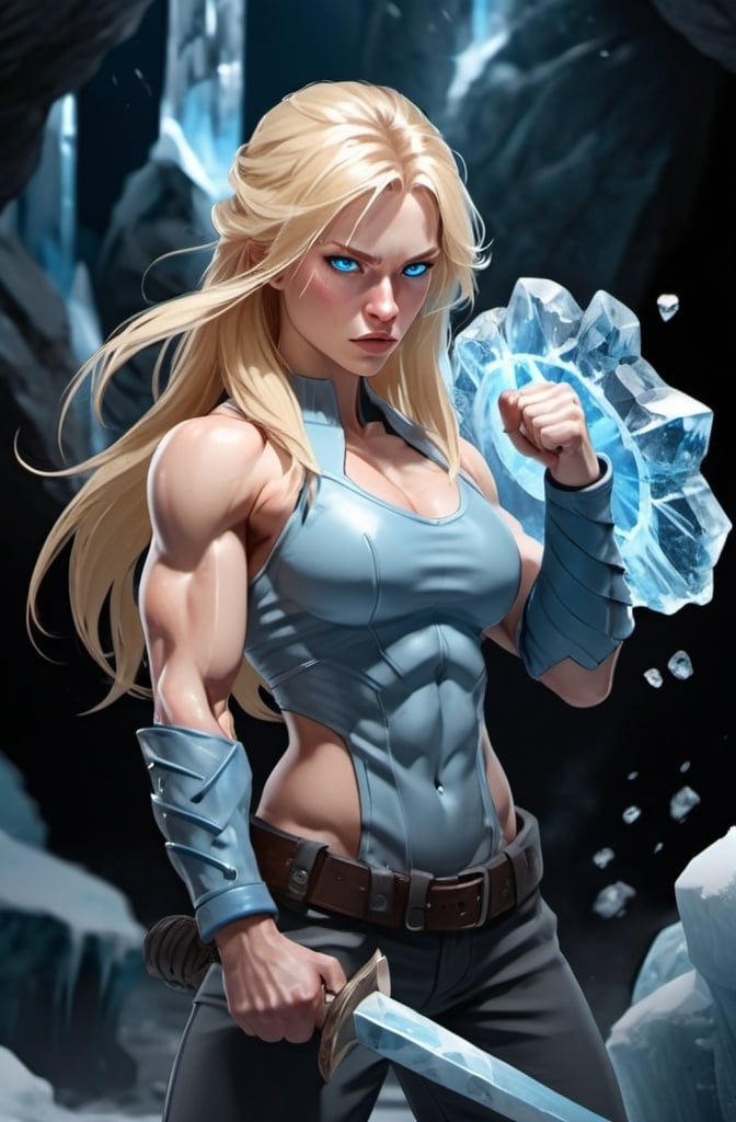 Prompt: Female figure. Greater bicep definition. Sharper, clearer blue eyes. Nosebleed. Long Blonde hair flapping. Frostier, glacier effects. Fierce combat stance. Icy Knuckles. 