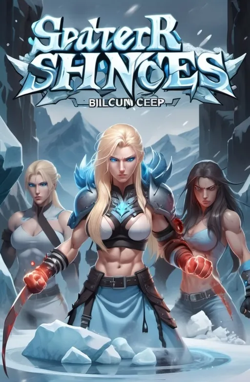 Prompt:  Female figure. Greater bicep definition. Sharper, clearer blue eyes. Nosebleed. Long Blonde hair flapping. Frostier, glacier effects. Fierce combat stance. Raging Fists. Icy Knuckles. 