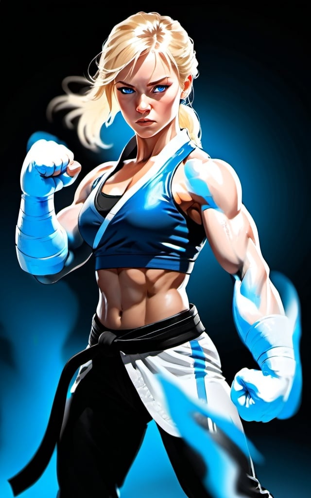 Prompt: Female figure. Greater bicep definition. Sharper, clearer blue eyes. Blonde hair flapping. Frostier, glacier effects. Fierce combat stance. Martial artist. 