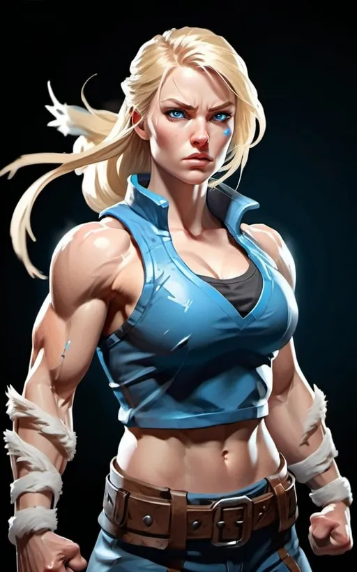 Prompt: Female figure. Greater bicep definition. Sharper, clearer blue eyes. Long Blonde hair flapping. Frostier, glacier effects. Fierce combat stance. Raging Fists.