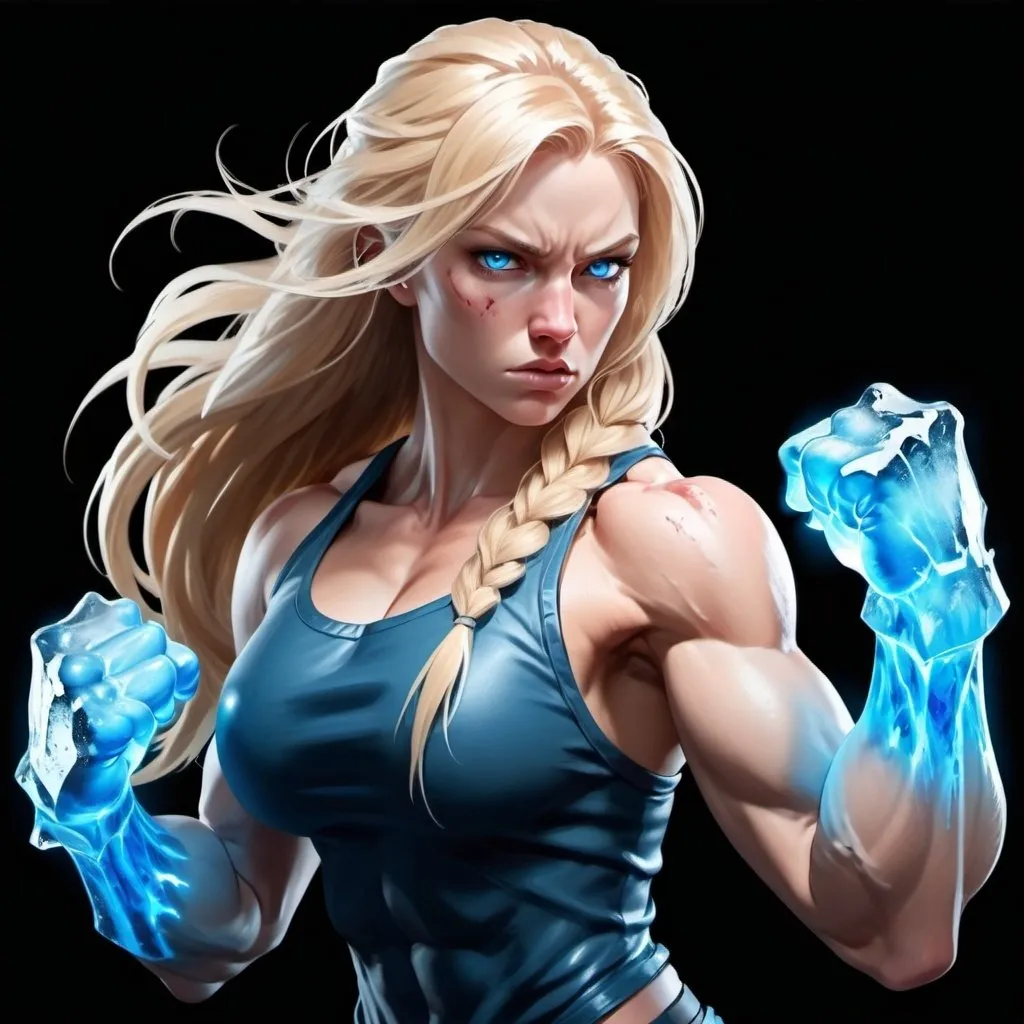 Prompt: Female figure. Greater bicep definition. Sharper, clearer blue eyes. Bleeding. Long Blonde hair flapping. Frostier, glacier effects. Fierce combat stance. Raging Fists. Icy Knuckles.