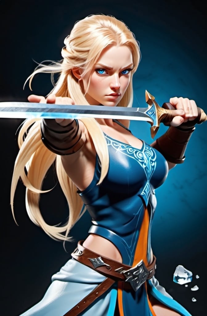 Prompt: Female figure. Greater bicep definition. Sharper, clearer blue eyes. Long Blonde hair flapping. Frostier, glacier effects. Fierce combat stance. Ice Daggers.