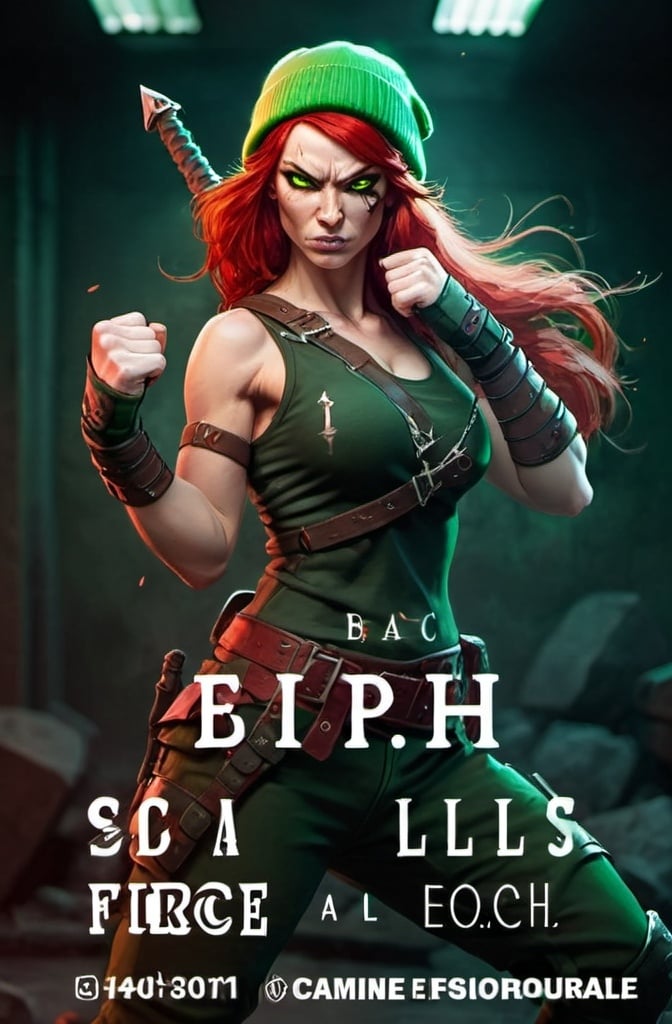 Prompt: Evil red-haired warrior woman, wearing a green beanie and a mischievous smirk. Carmine, red eyes. Fierce combat stance. 