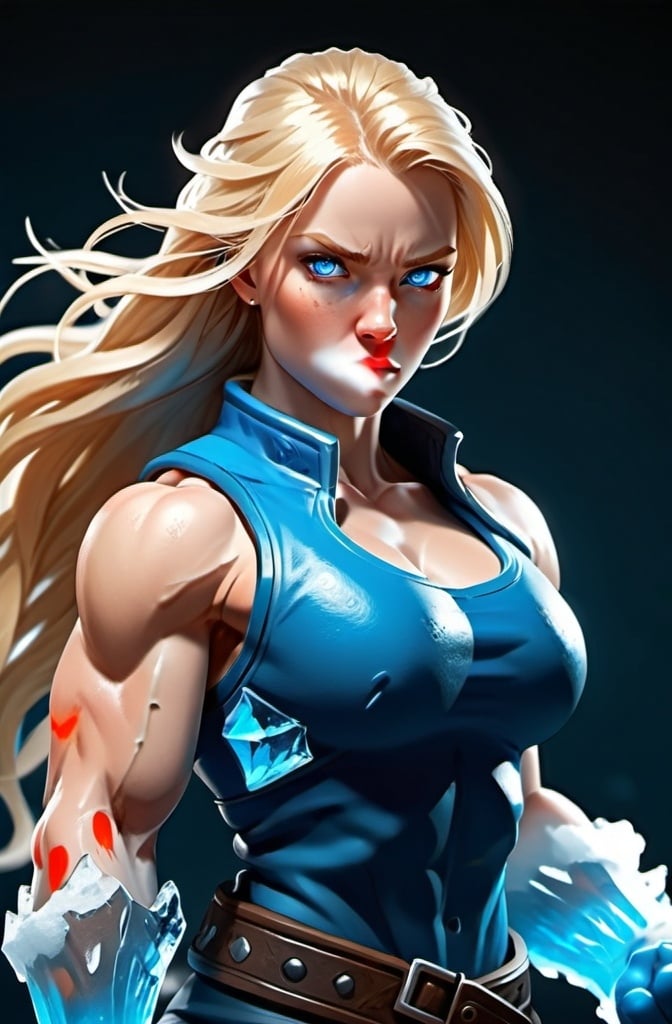 Prompt: Female figure. Greater bicep definition. Sharper, clearer blue eyes. Long Blonde hair flapping. Frostier, glacier effects. Fierce combat stance. Ice Fists.