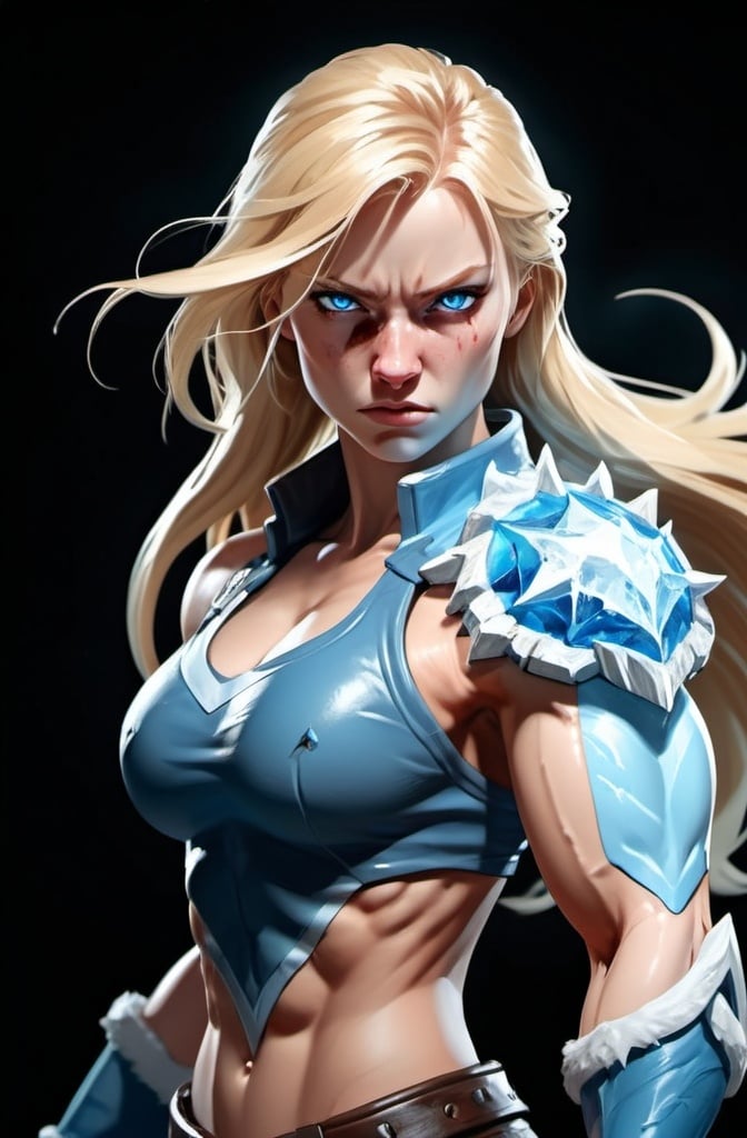 Prompt: Female figure. Greater bicep definition. Sharper, clearer blue eyes. Bleeding. Long Blonde hair flapping. Frostier, glacier effects. Fierce combat stance. Raging Fists. Icy Knuckles.