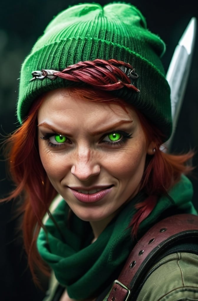 Prompt: Evil red-haired warrior woman, wearing a green beanie and a mischievous smirk. Carmine, red eyes. Fierce combat stance. 