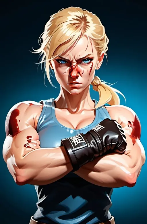 Prompt:  Female figure. Greater bicep definition. Sharper, clearer blue eyes. Blonde hair  flapping. Nose bleed. Frostier, glacier effects. Fierce combat stance. Raging Fists. 