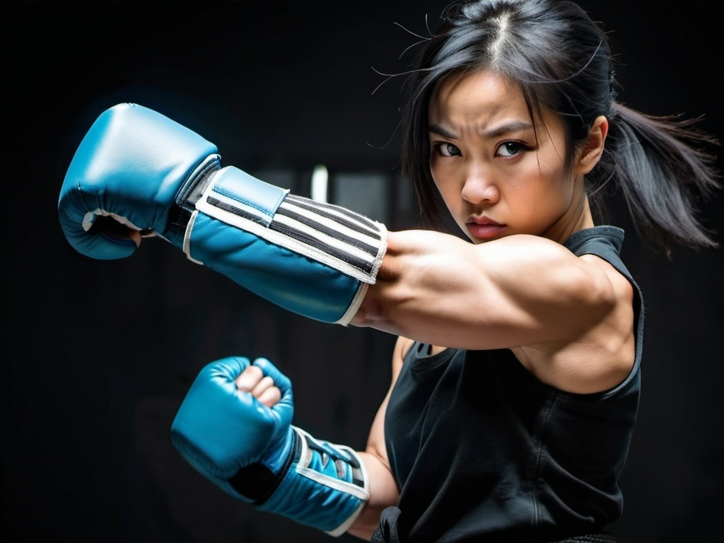 Prompt: Asian Black-haired girl. Athletic. Strong Biceps. Martial artist. Fierce Combat stance. Raging Fists.  