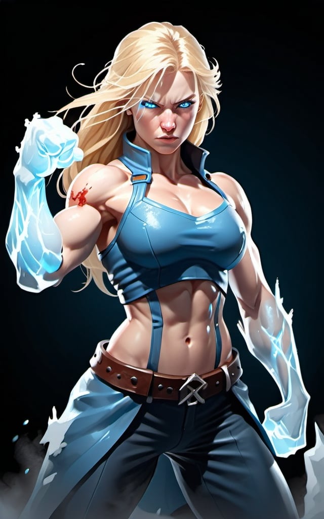 Prompt: Female figure. Greater bicep definition. Sharper, clearer blue eyes. Nosebleed. Long Blonde hair flapping. Frostier, glacier effects. Fierce combat stance. Icy Knuckles. Engulfed in Mist. 