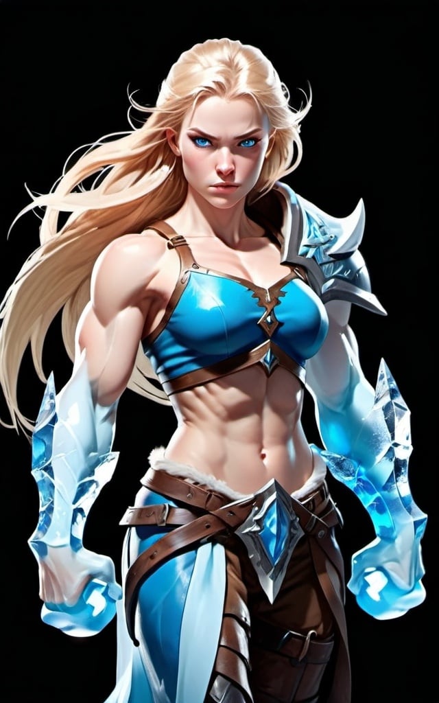 Prompt: Female figure. Greater bicep definition. Sharper, clearer blue eyes. Long Blonde hair flapping. Frostier, glacier effects. Fierce combat stance. Ice daggers.