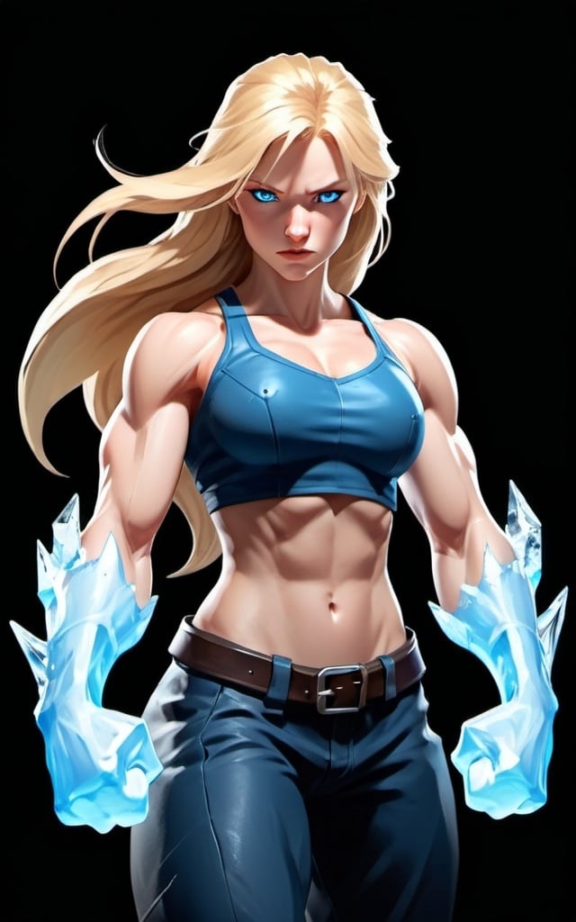 Prompt: Female figure. Greater bicep definition. Sharper, clearer blue eyes. Long Blonde hair flapping. Frostier, glacier effects. Fierce combat stance. Raging Fists. Icy Knuckles.