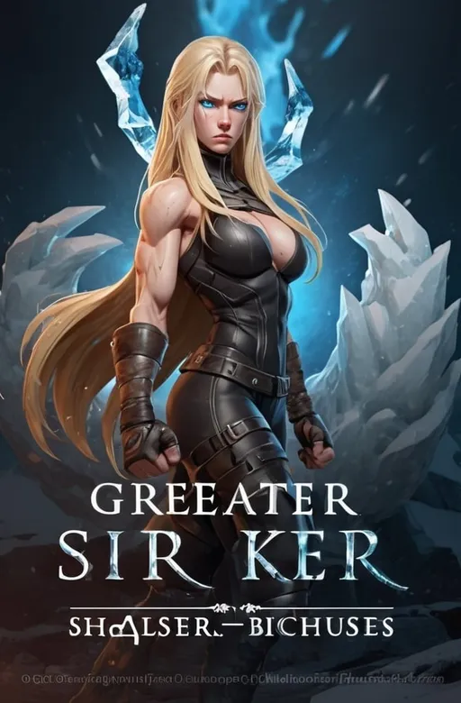 Prompt: Female figure. Greater bicep definition. Sharper, clearer blue eyes. Nosebleed. Long Blonde hair flapping. Frostier, glacier effects. Fierce combat stance. Raging Fists. Icy Knuckles.