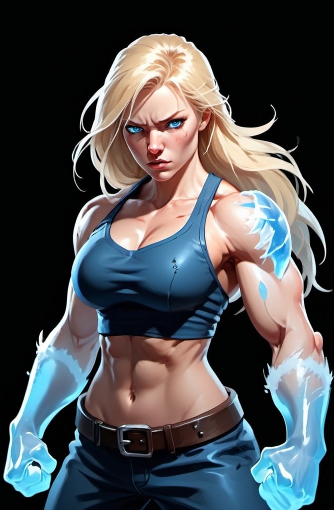 Prompt: Female figure. Greater bicep definition. Sharper, clearer blue eyes. Nosebleed. Long Blonde hair flapping. Frostier, glacier effects. Fierce combat stance. Raging Fists. Icy Knuckles.