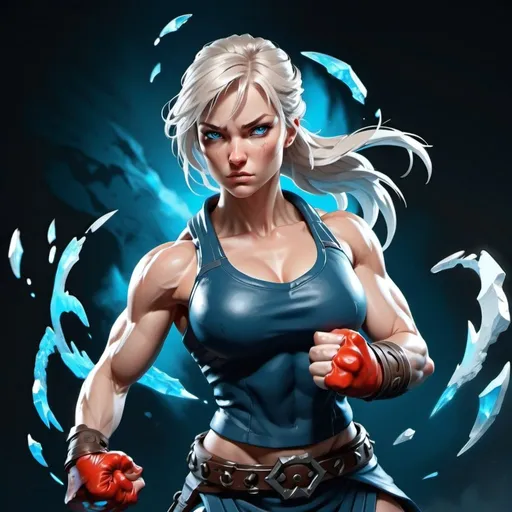 Prompt: Female figure. Greater bicep definition. Sharper, clearer blue eyes.  Frostier, glacier effects.  Fierce combat stance. Raging Fists. 