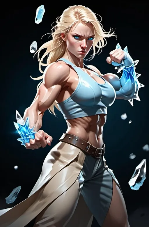 Prompt: Female figure. Greater bicep definition. Sharper, clearer blue eyes. Nosebleed. Long Blonde hair flapping. Frostier, glacier effects. Fierce combat stance. Ice Knuckles.
