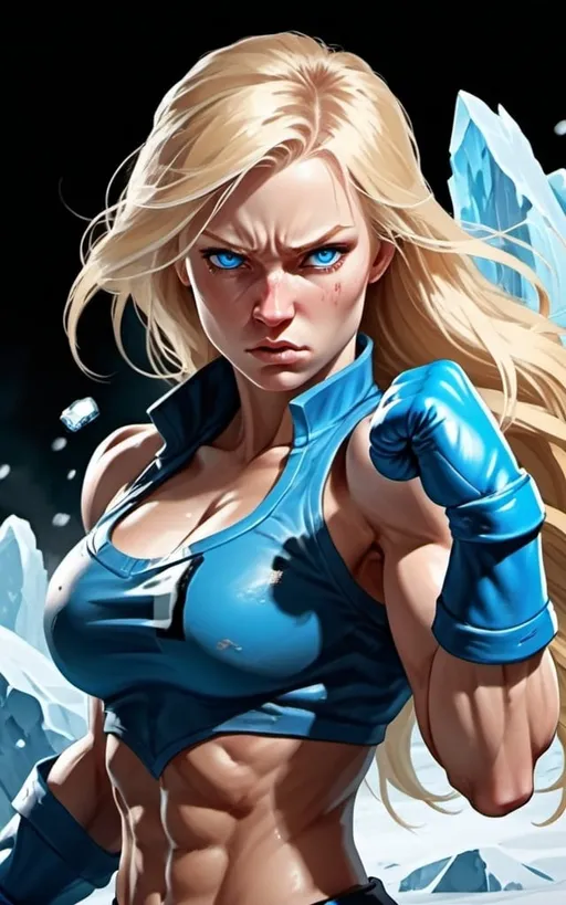 Prompt: Female figure. Greater bicep definition. Sharper, clearer blue eyes. Bleeding. Long Blonde hair flapping. Frostier, glacier effects. Fierce combat stance. Raging Fists. Icy Knuckles.