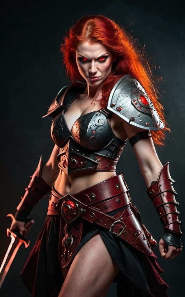 Prompt: Evil red-haired warrior woman with a mischievous grin. Carmine, red eyes. Fierce combat stance.