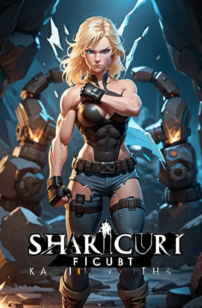 Prompt: Female figure. Greater bicep definition. Sharper, clearer blue eyes. Blonde hair.  Frostier, glacier effects.  Fierce combat stance. Raging Fists. 